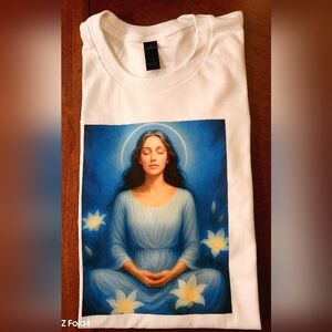 Custom Design! NWOT White Tee with Blue Meditative Print
